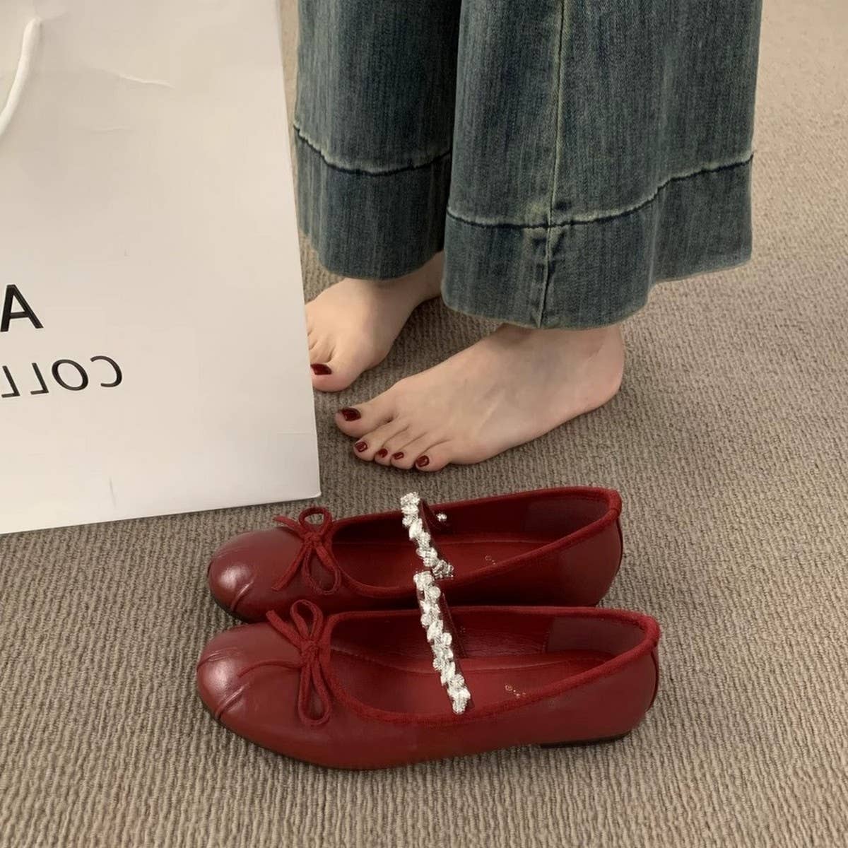 RHINESTONE STRAP FLAT MARY JANE BOW BALLET FLATS_CWSHF0118