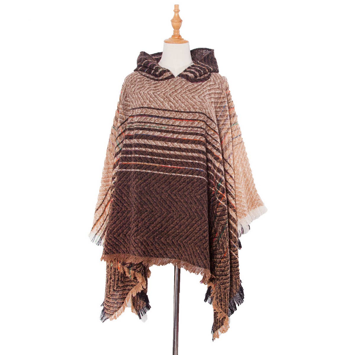NEW HERRINGBONE GRADIENT HOODED CAPE SHAWL_CWASC1203
