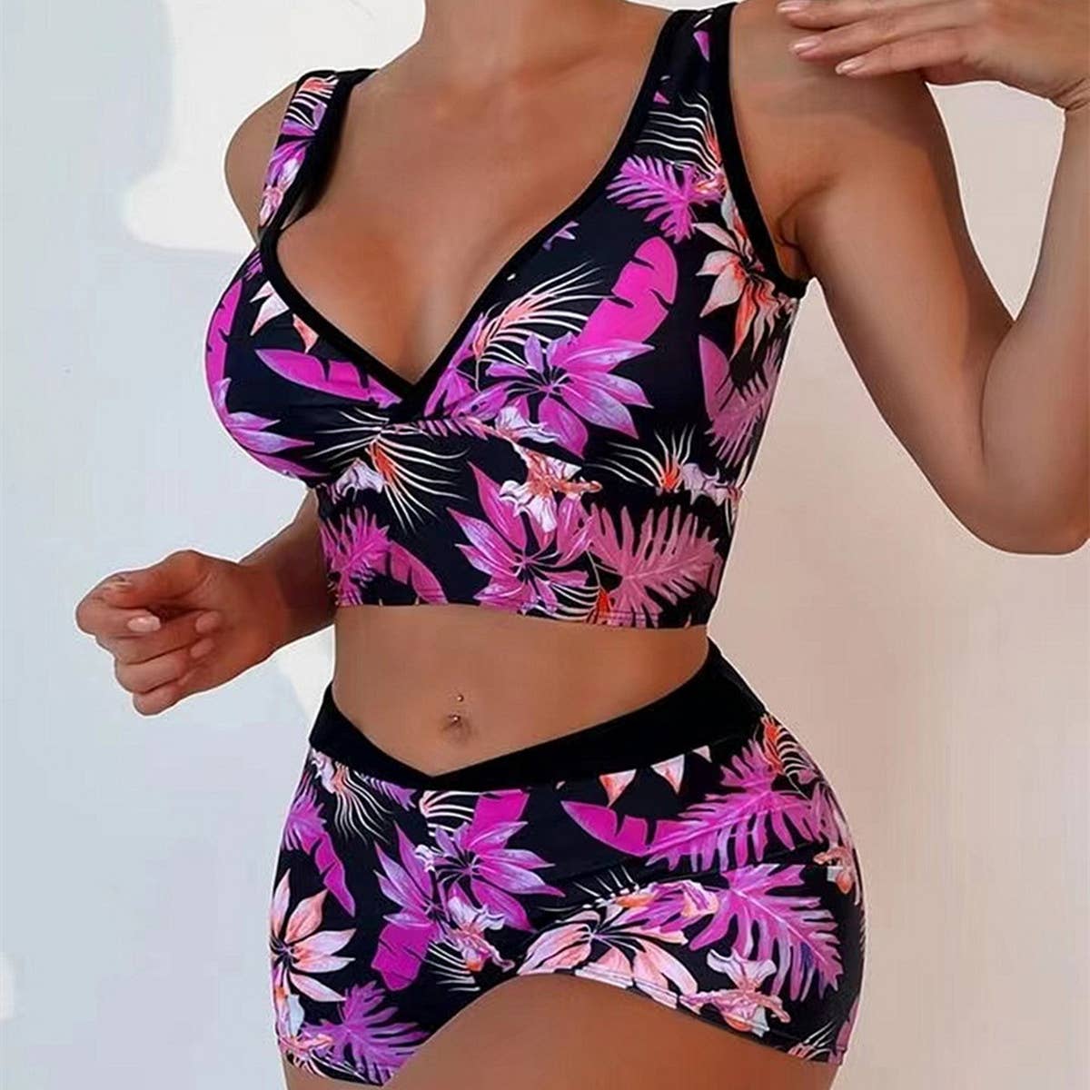 PRINTED DEEP V BIKINI TWO PIECE SWIMSUIT_CWMW0315