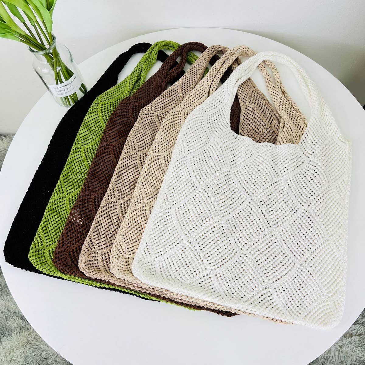 Cwab4575_Solid Knit Hollow Woven Shoulder Tote Bag