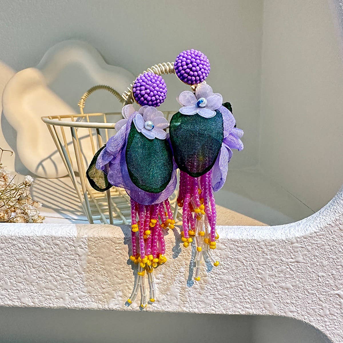 BOHO LONG TASSEL EARRINGS HANDMADE FABRIC FLOWERS_CWMM6165