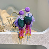 BOHO LONG TASSEL EARRINGS HANDMADE FABRIC FLOWERS_CWMM6165