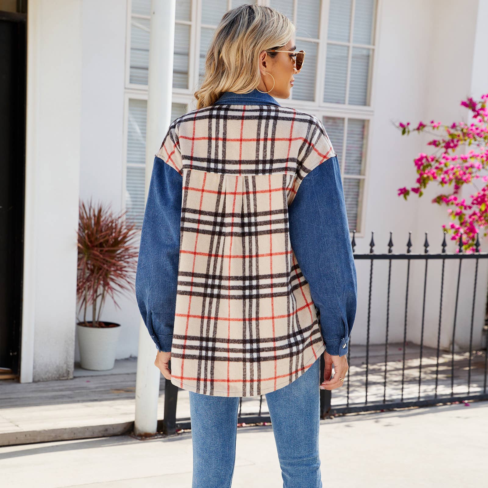 Washed Plaid Casual Denim Long-Sleeved Jacket