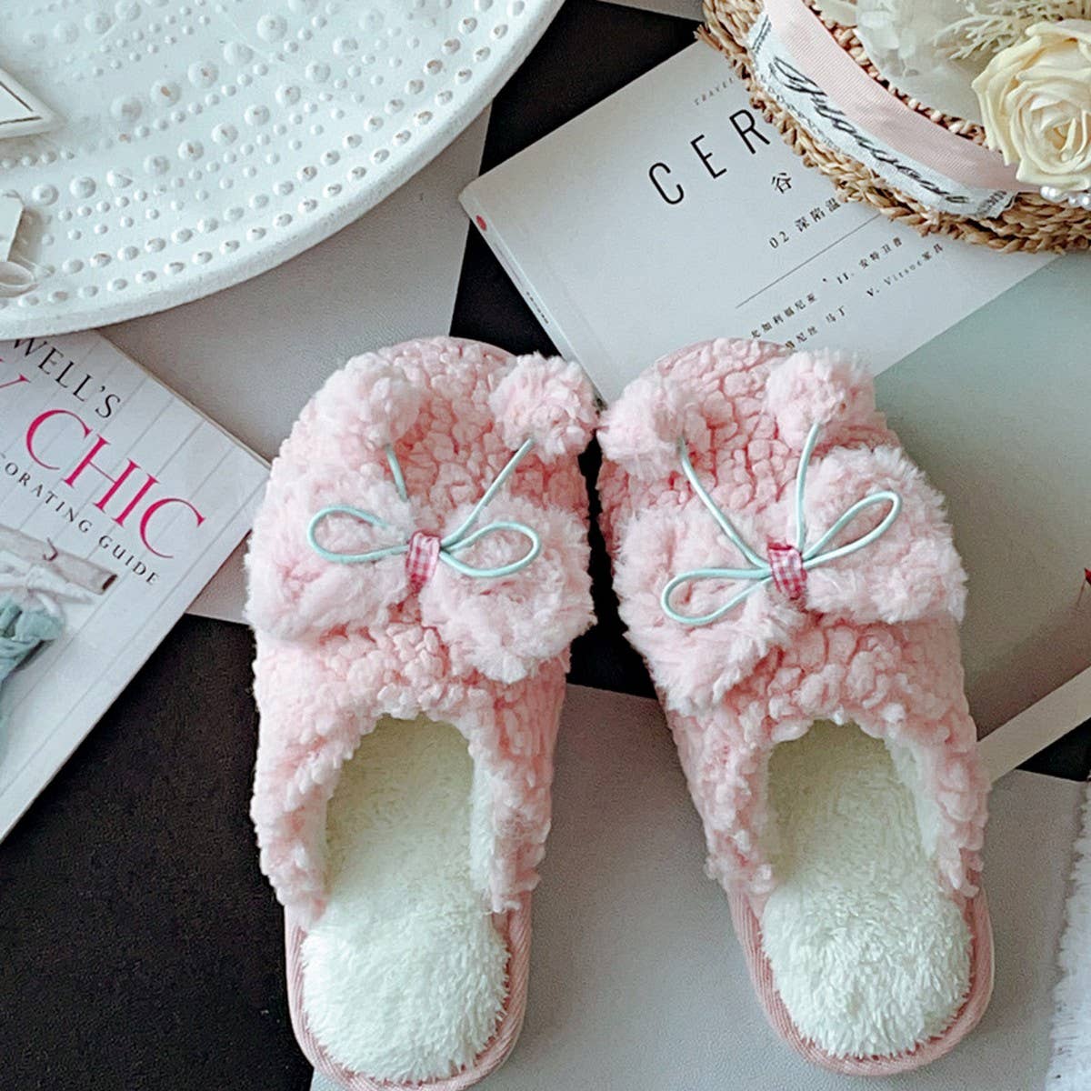 NEW STYLE PLUSH BOW COTTON SLIPPERS FOR WOMEN_CWMM2945