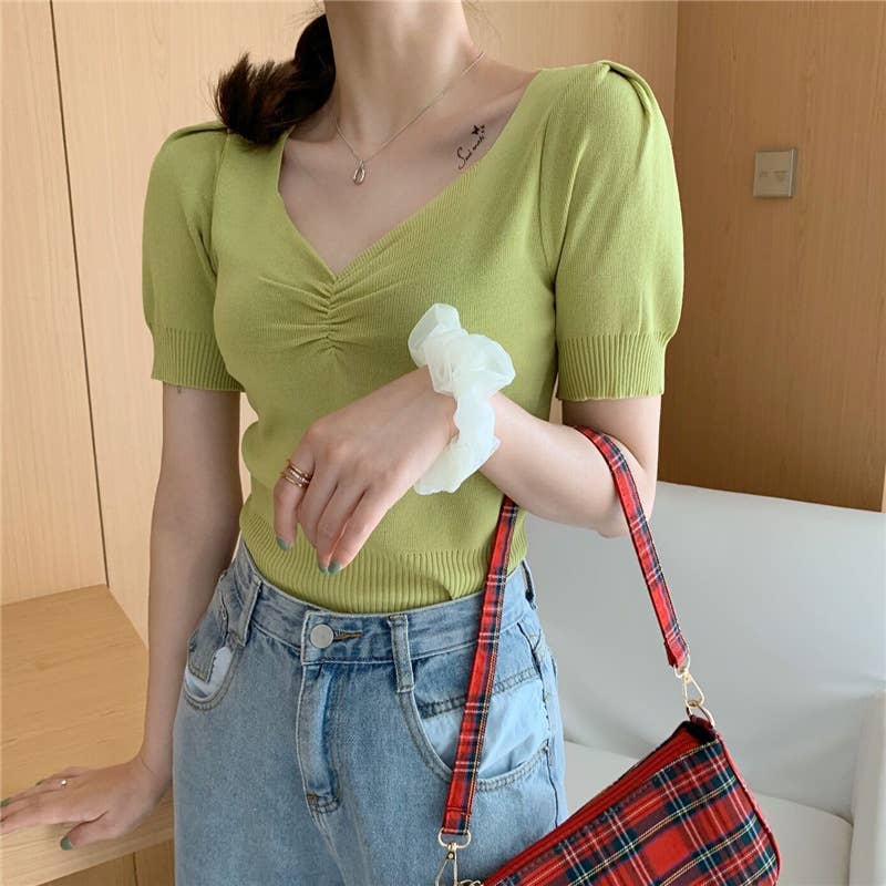 Vintage V-Neck Puffy Sleeve Knit Base T-Shirt