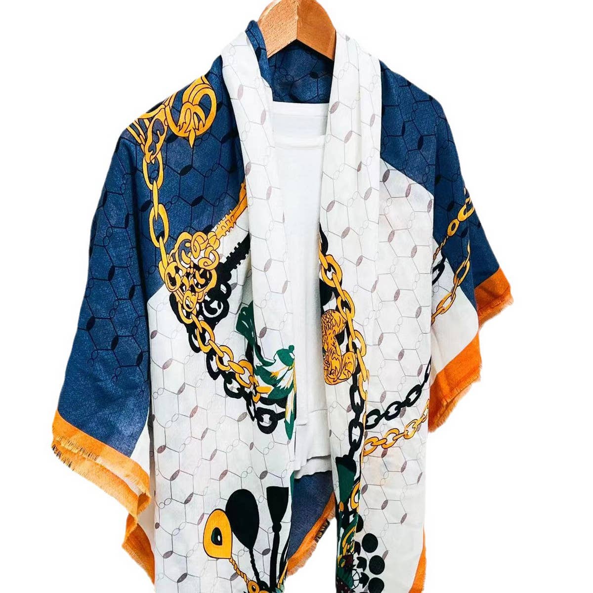 CHAIN PRINT SILK WOOL SCARF LUXURY TRAVEL SHAWL_CWASC0895