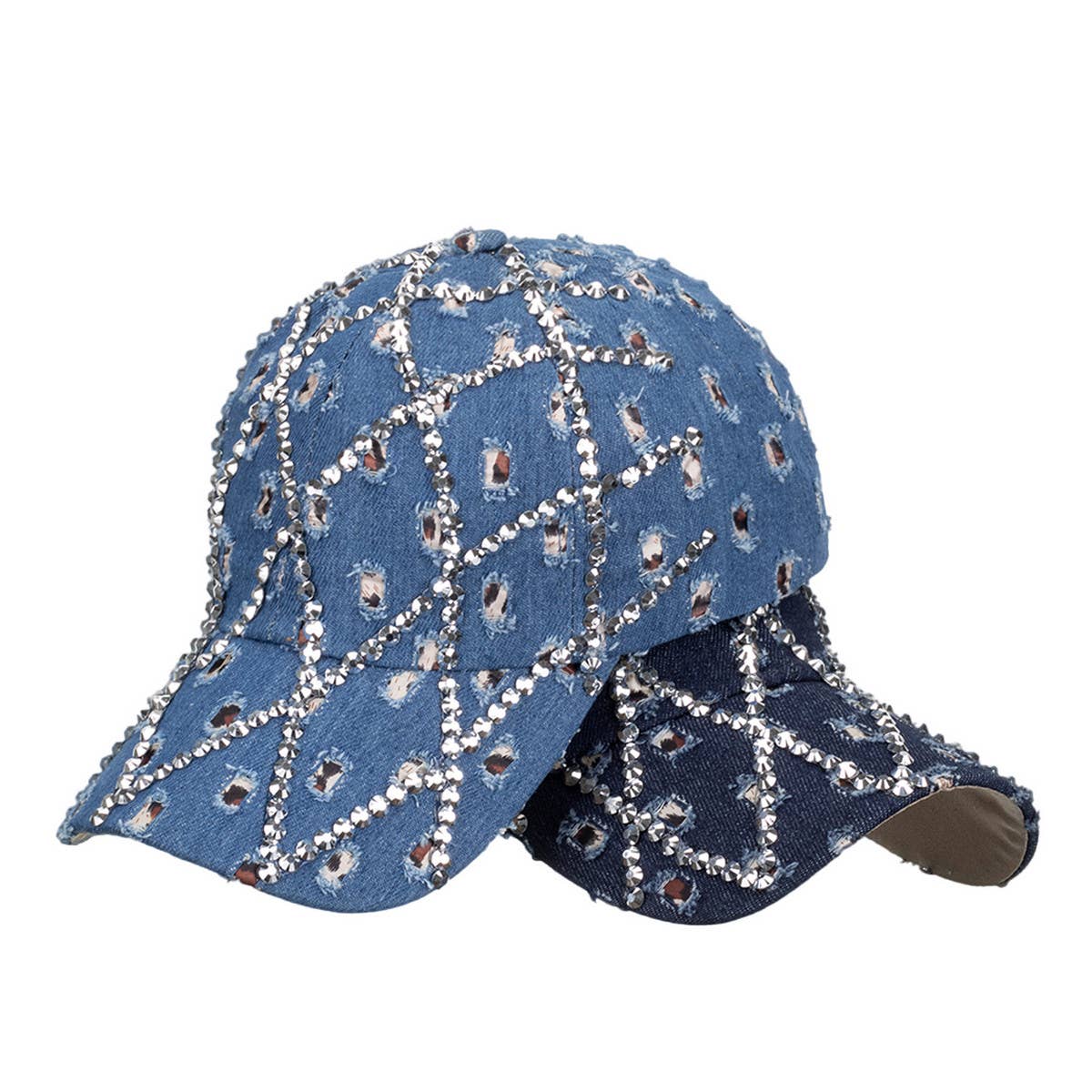 Womens Studded Denim Leopard Baseball Cap Sun Hat Cwah1528