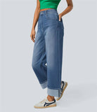 Vintage High-Waist Rolled Hem Wide-Leg Jeans