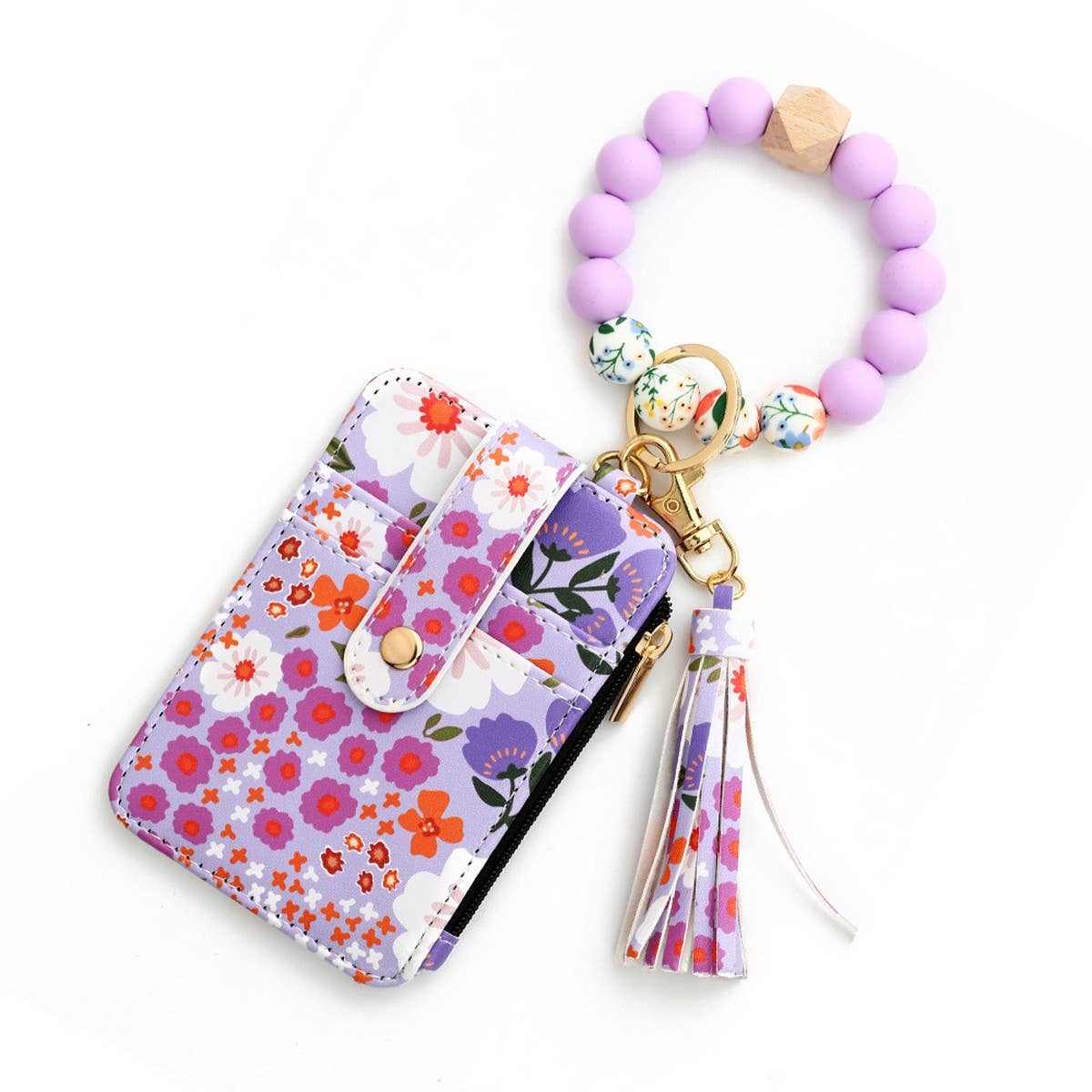 FLORAL PU WALLET WITH BEAD BRACELET CARD HOLDER_CWAB4955