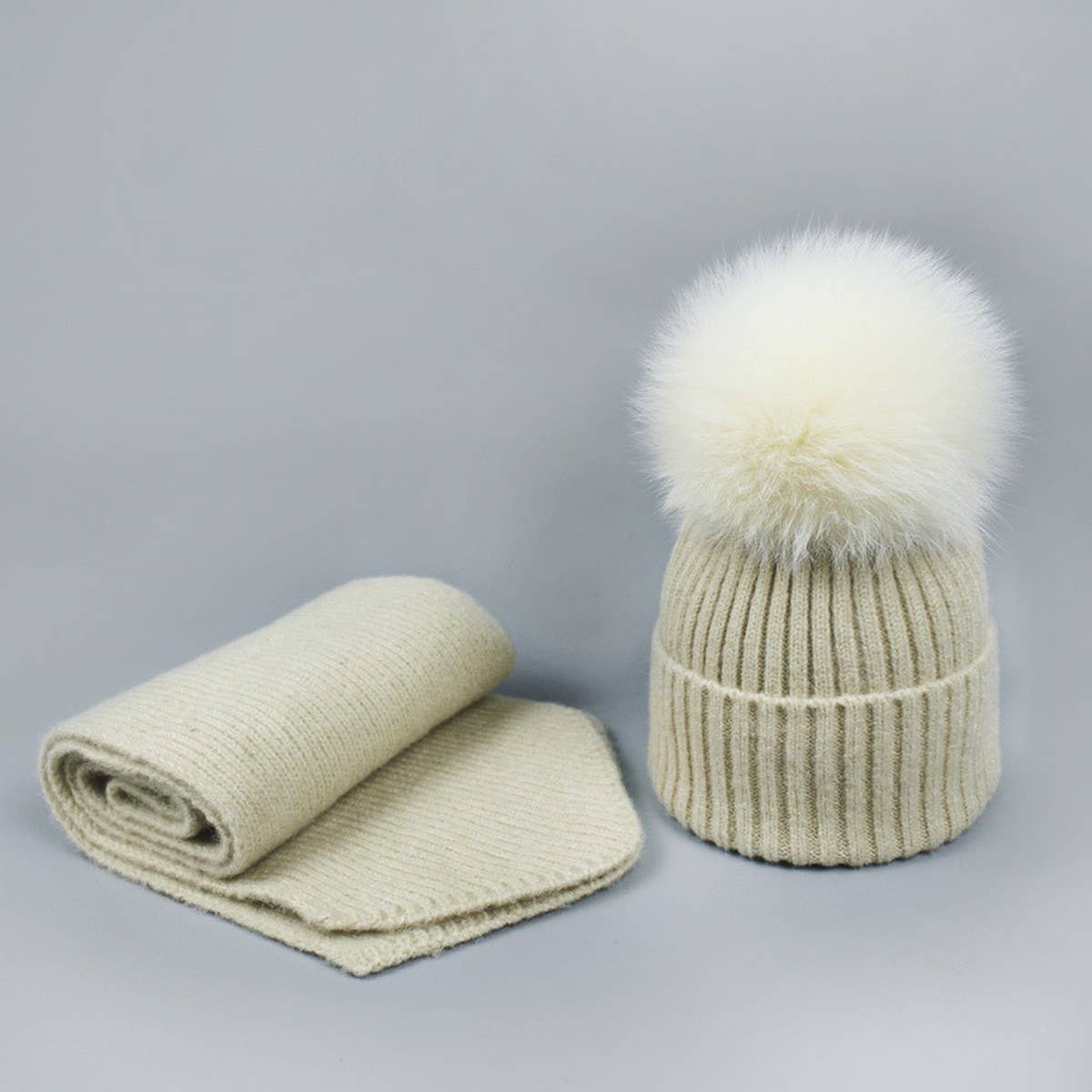 Winter Knit Hat Scarf Set With Fox Fur Pom Beanie_Cwah05044