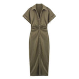 LINEN COLLARED SHORT SLEEVE MIDI DRESS FOR WOMEN_CWDMD5785