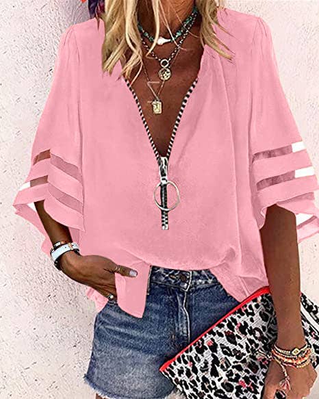 V-Neck Zipper Half Horn Sleeve Mesh Loose Shirt
