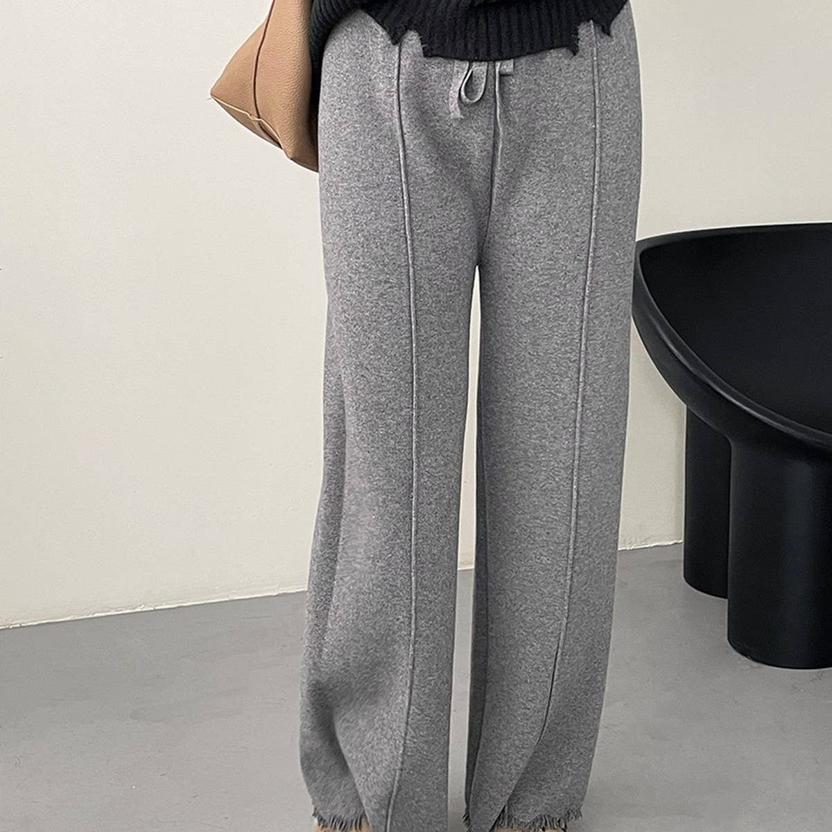 Straight Knit Pants With Rough Edge Design