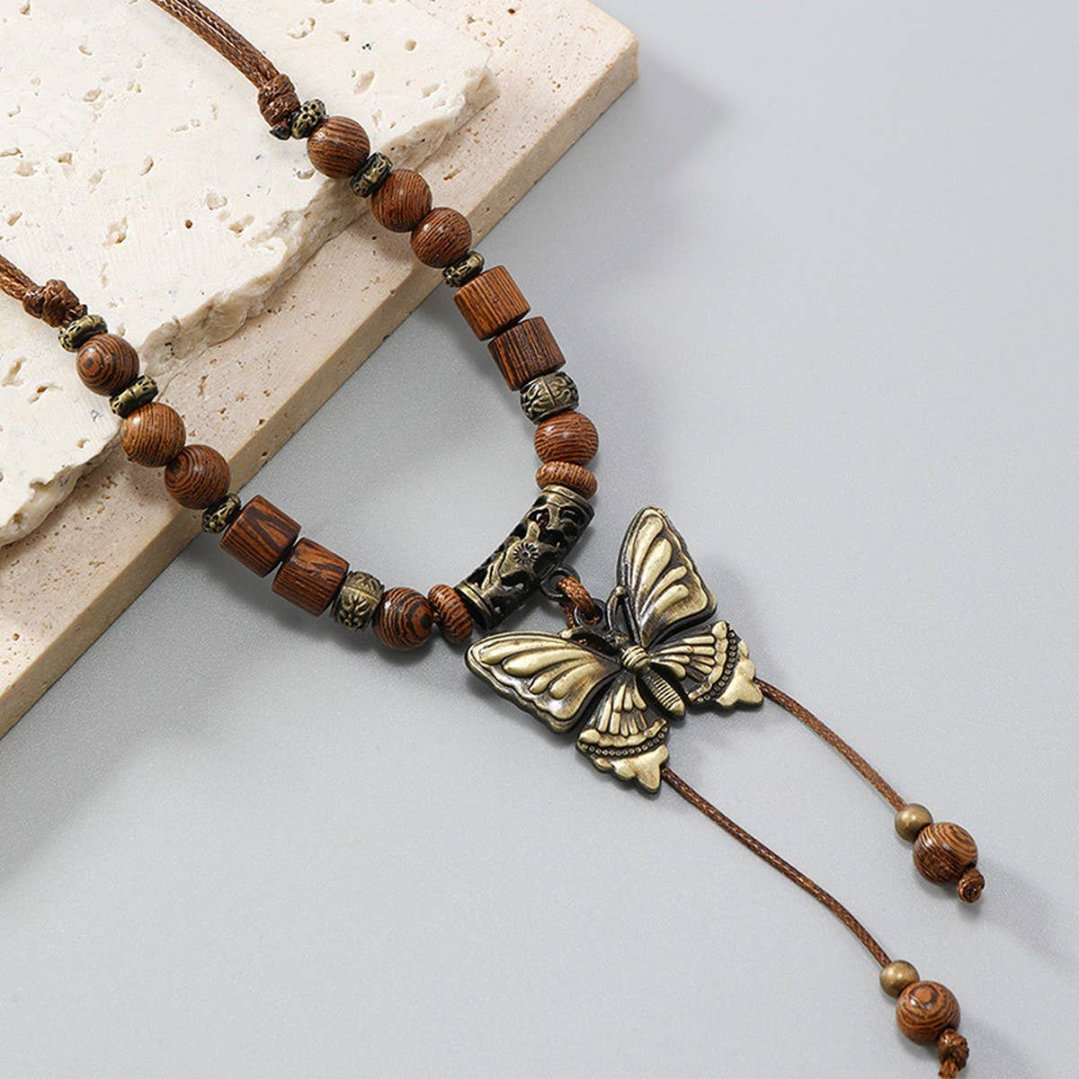 LONG WOODEN BEAD BUTTERFLY TASSEL NECKLACE_CWMM4586