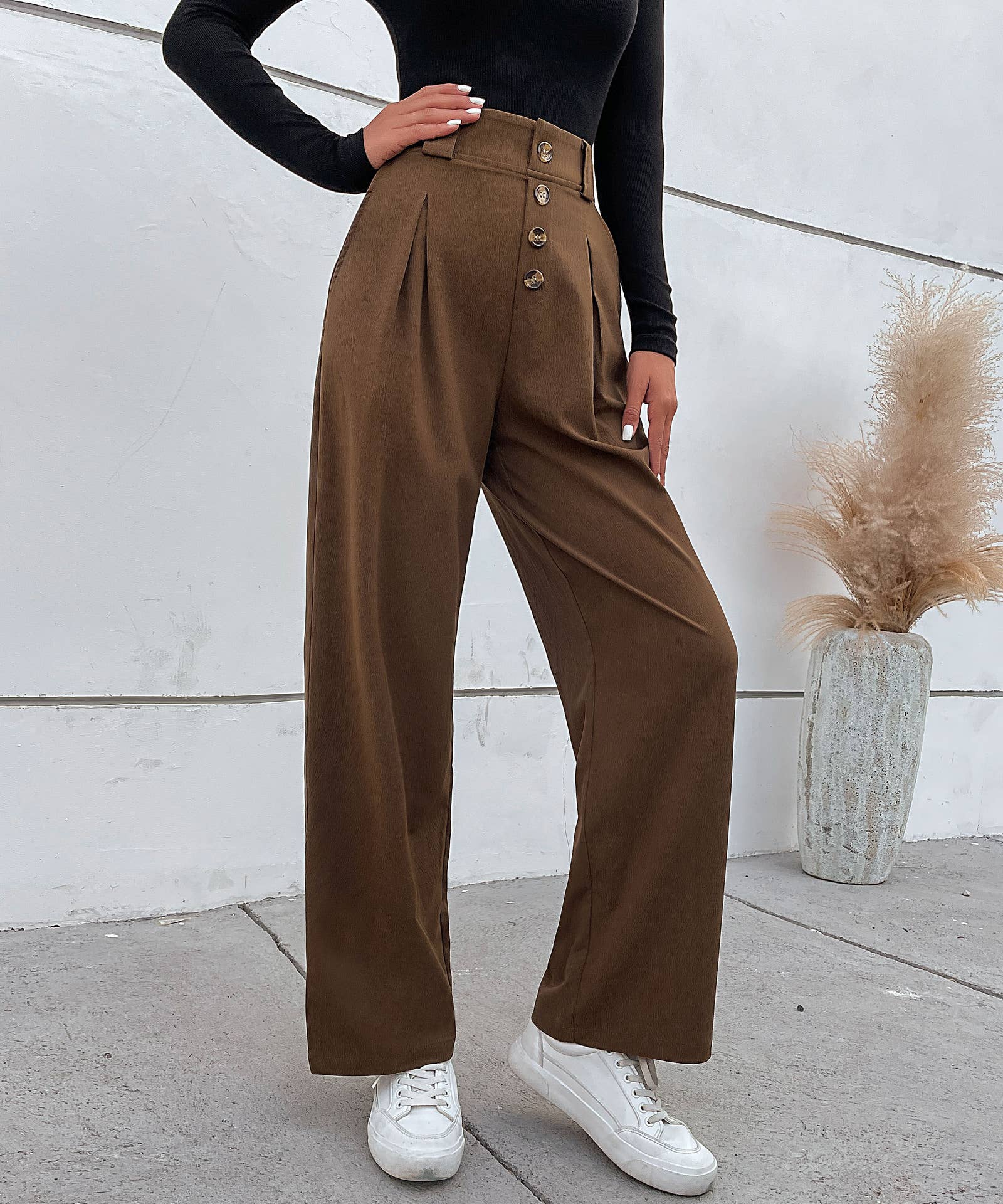 Solid Color High-Waisted Straight-Leg Pants