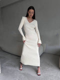 Solid Color Pit Wool Woven V-Neck Sweater Dress