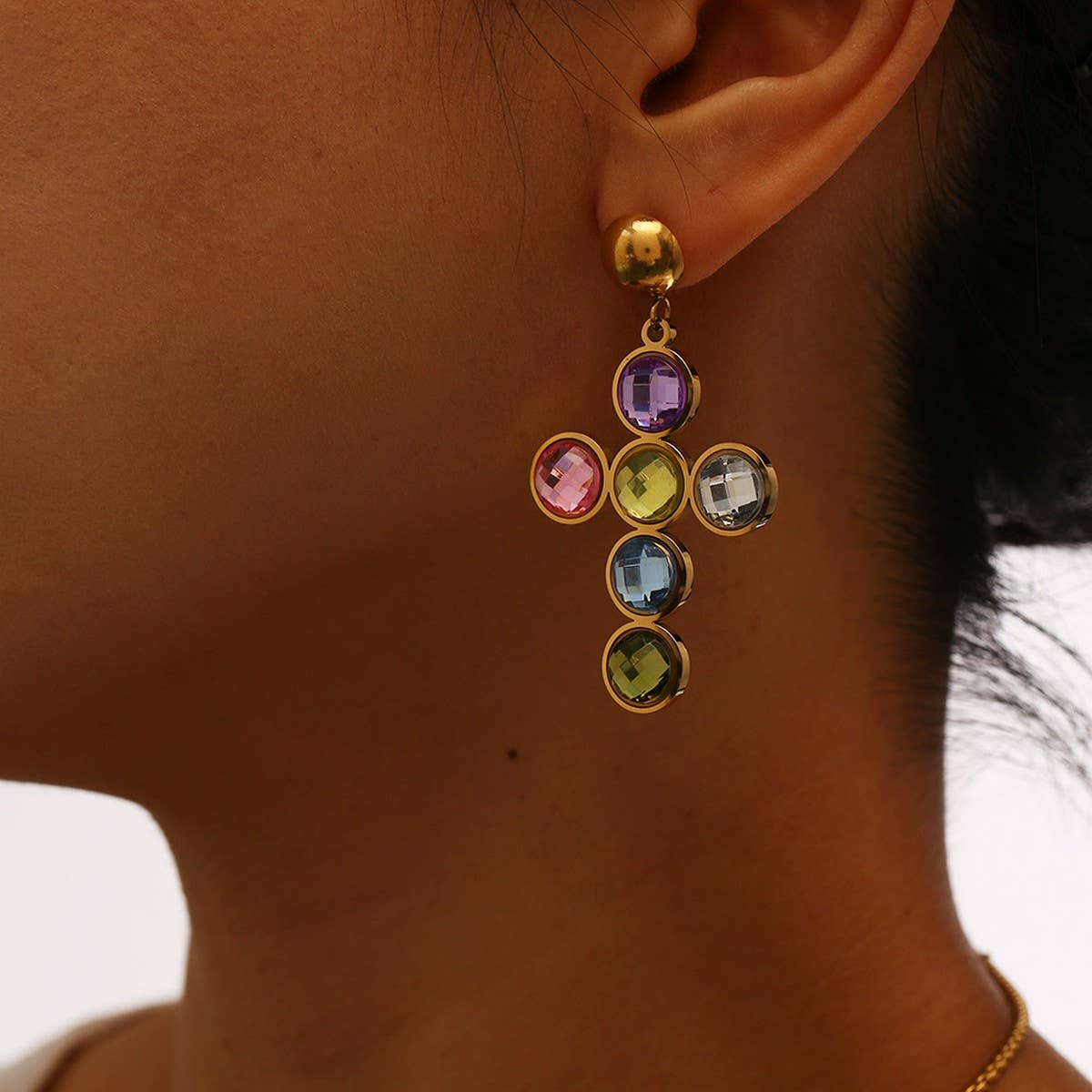 STAINLESS STEEL CROSS NECKLACE EARRINGS SET_CWMM8890