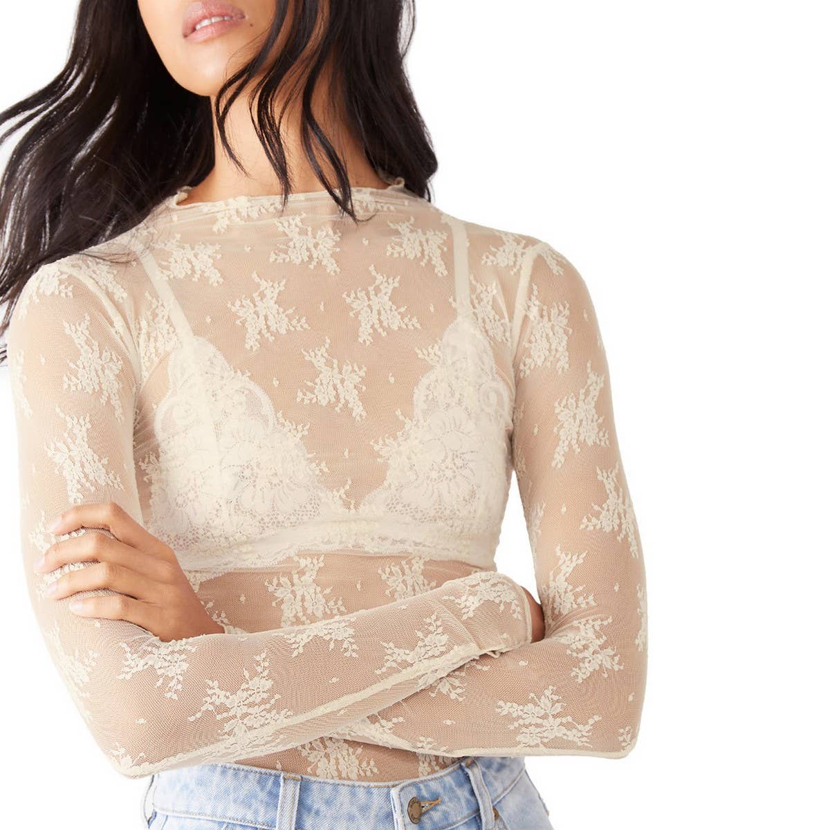SEMI SHEER MESH LACE TOP BOTTOMING SHIRT_CWTBLL2660