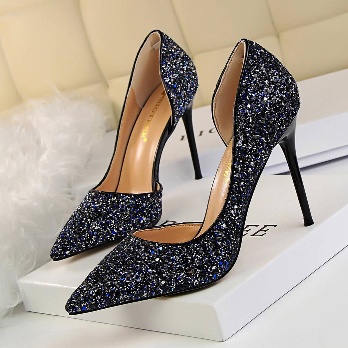 Women Pointy Side Hollowed Sequined High Heels