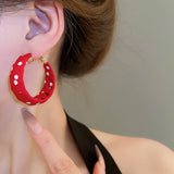 RED POLKA DOT GEOMETRIC RETRO ROUND EARRINGS_CWAJE2454