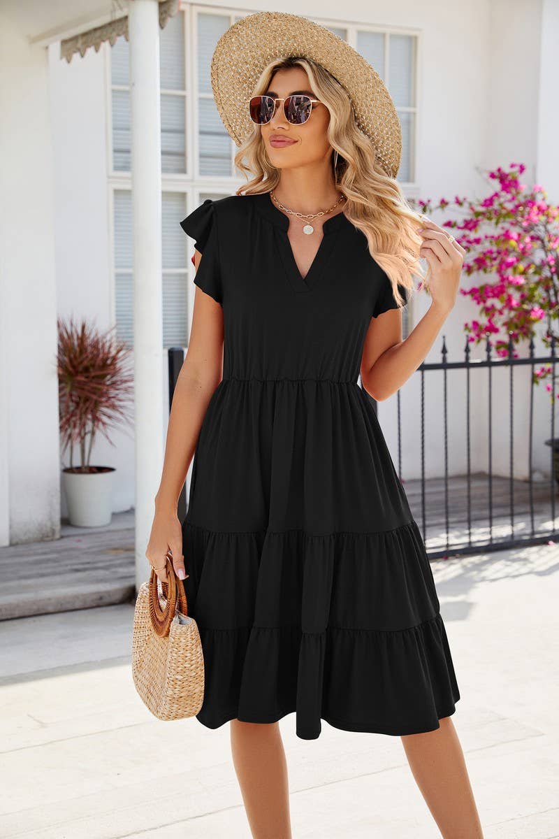 V Neck Lotus Short Sleeve Solid Color Dress_Cwdsd2774