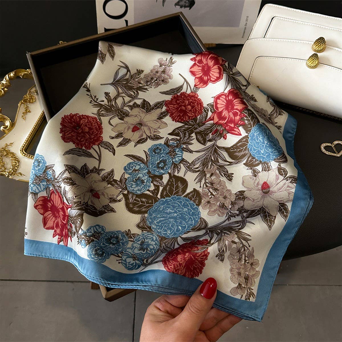 LOTUS PEONY PRINT SATIN SQUARE SCARF FOR SUMMER_CWASC1429