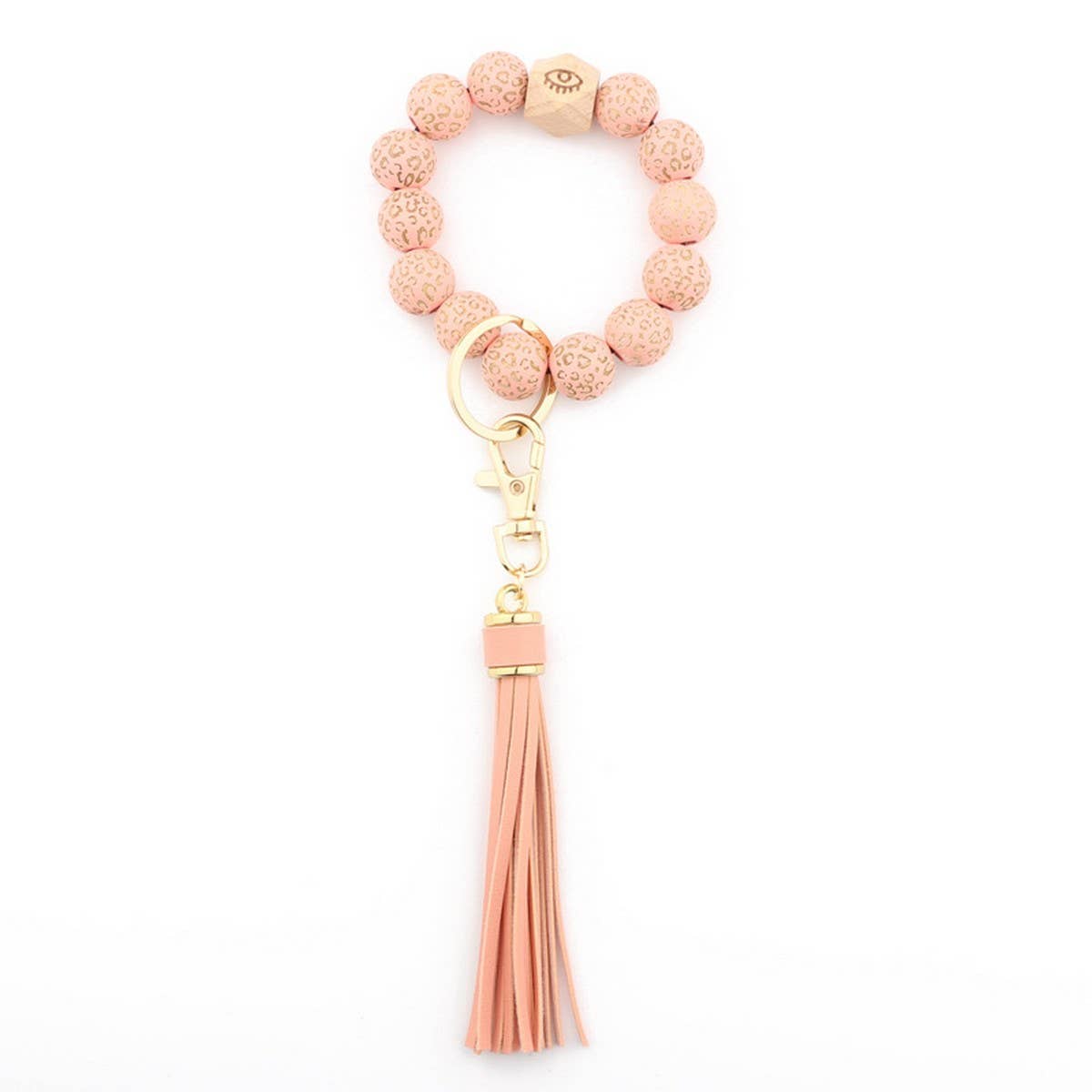 LEOPARD WOOD BEAD BRACELET KEYCHAIN WITH TASSEL_CWMM7016