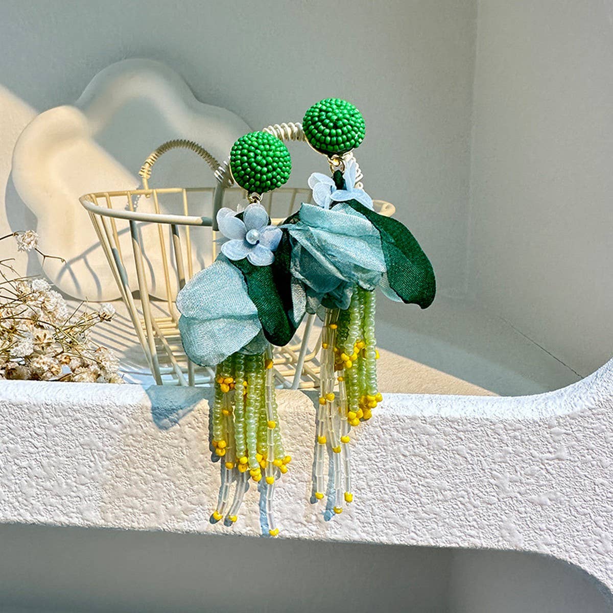 BOHO LONG TASSEL EARRINGS HANDMADE FABRIC FLOWERS_CWMM6165