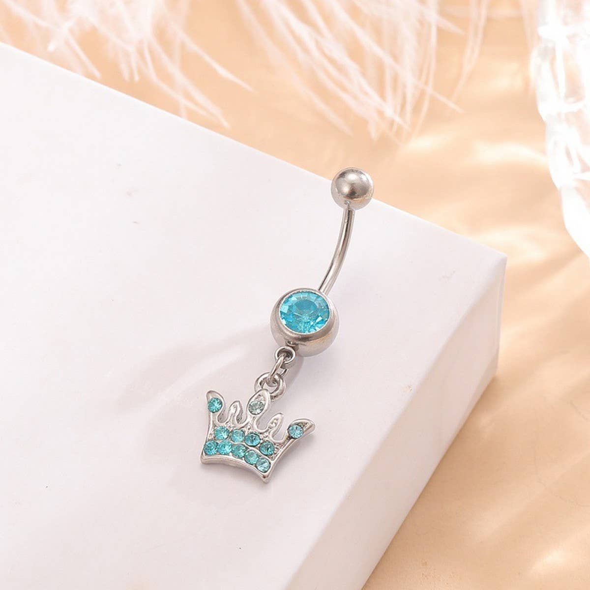 BLUE CZ CROWN BELLY RING STAINLESS STEEL PIERCING_CWMM9318