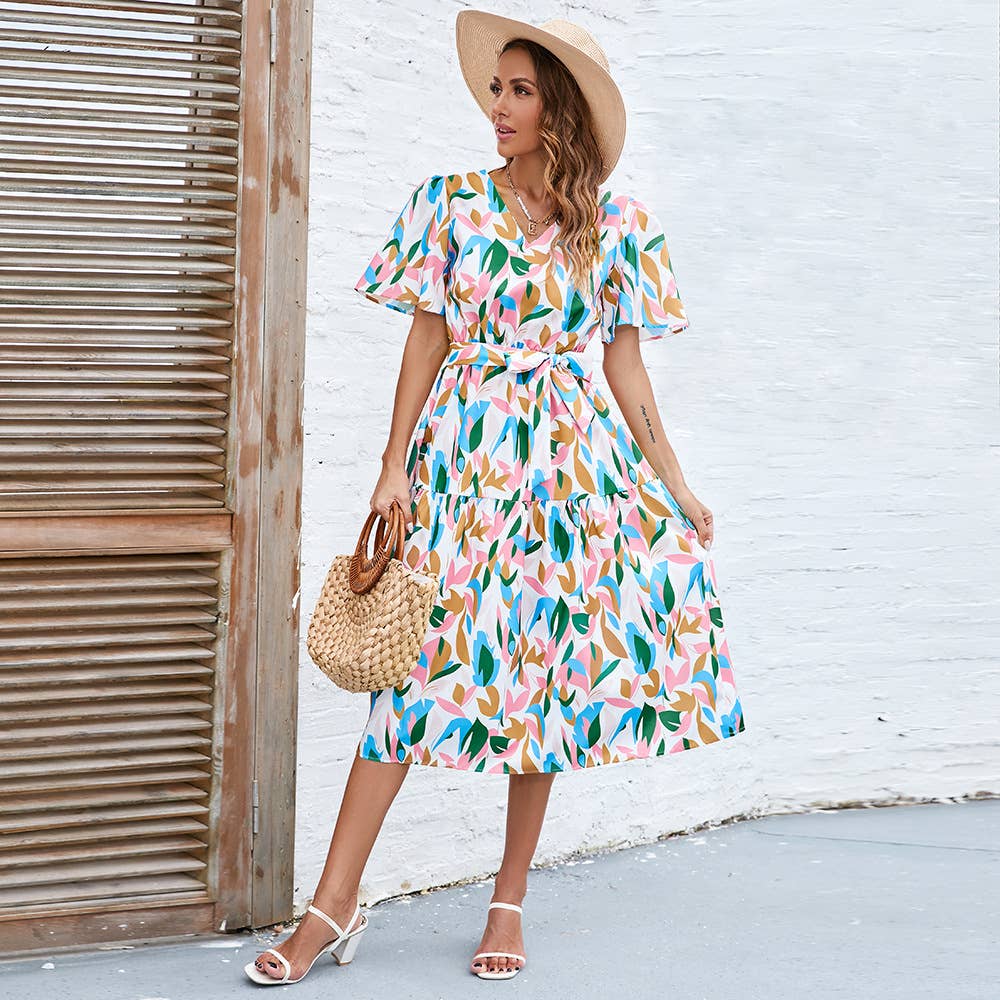 V-Neck Puff Sleeve Tie Waist Maxi Dress