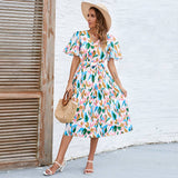 V-Neck Puff Sleeve Tie Waist Maxi Dress