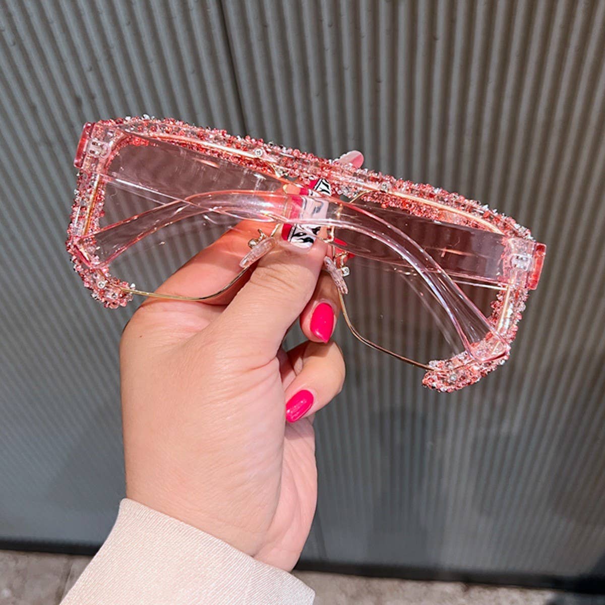 DOUBLE BRIDGE POLYGONAL RHINESTONE SUNGLASSES_CWASG0832