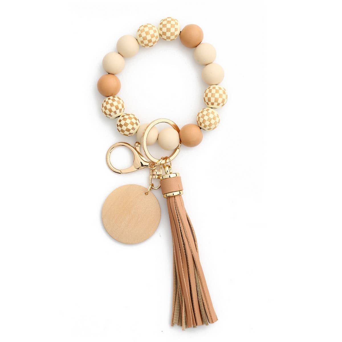 CHECKERBOARD WOOD BEAD BRACELET SILICONE KEYCHAIN_CWMM6877