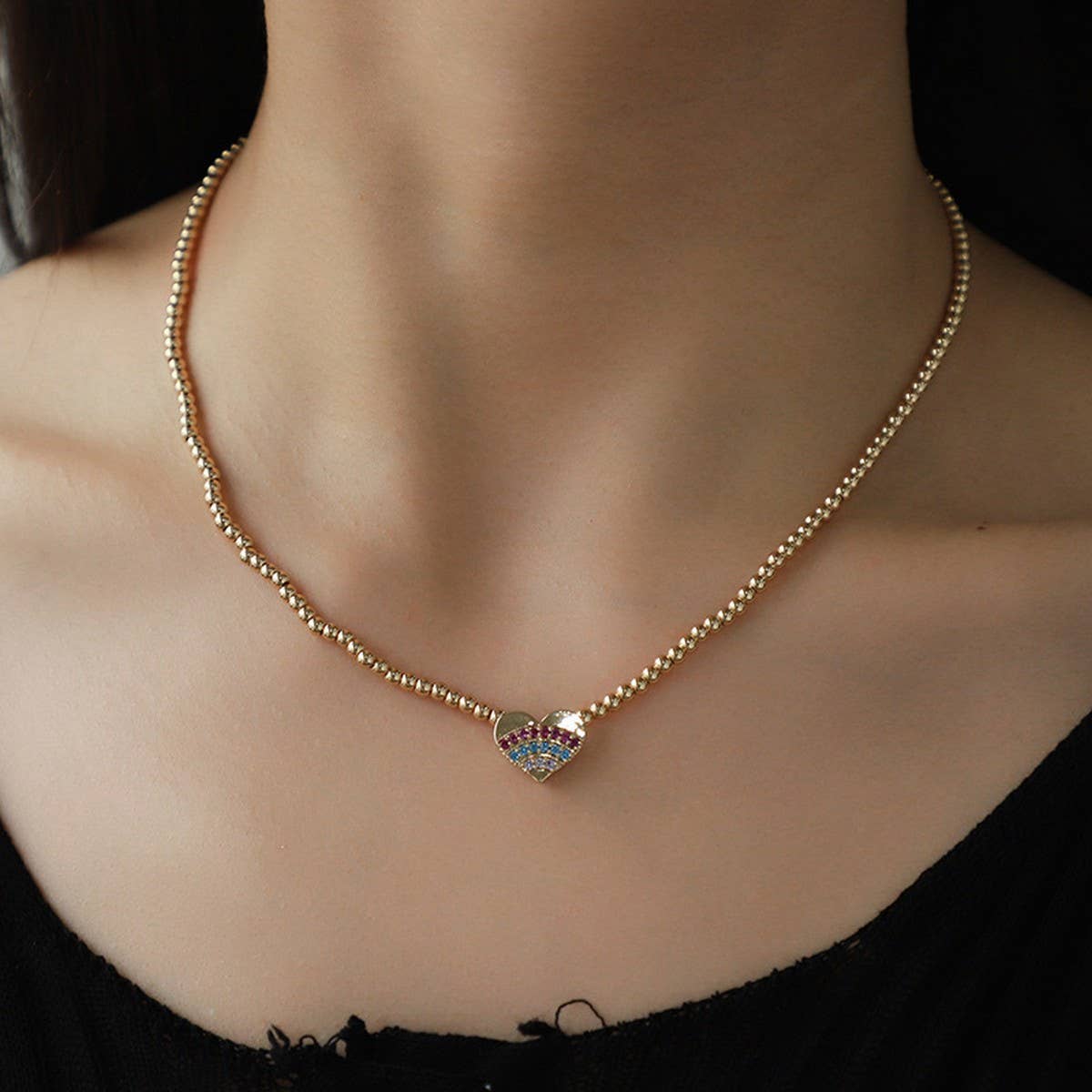 FASHION HEART COLOR DIAMOND NECKLACE EARRING SET_CWAJE2848