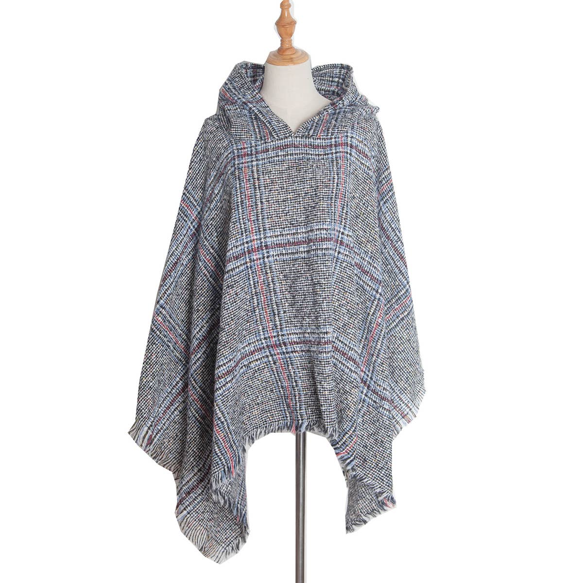 CIRCLE YARN FUR LARGE PLAID HOODED CAPE SHAWL_CWASC1211