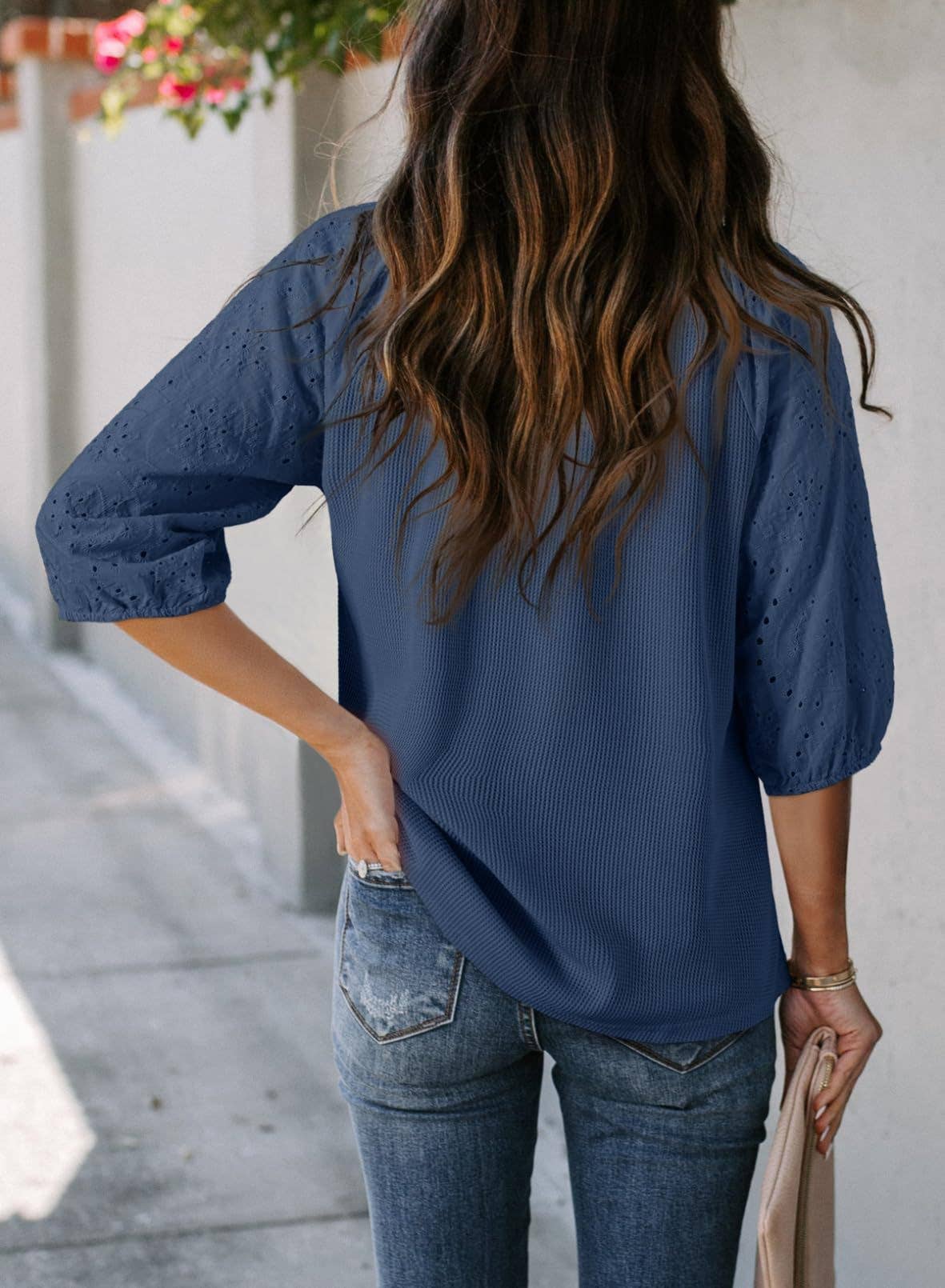 Womens Jacquard Waffle V-Neck Puff Sleeve Top