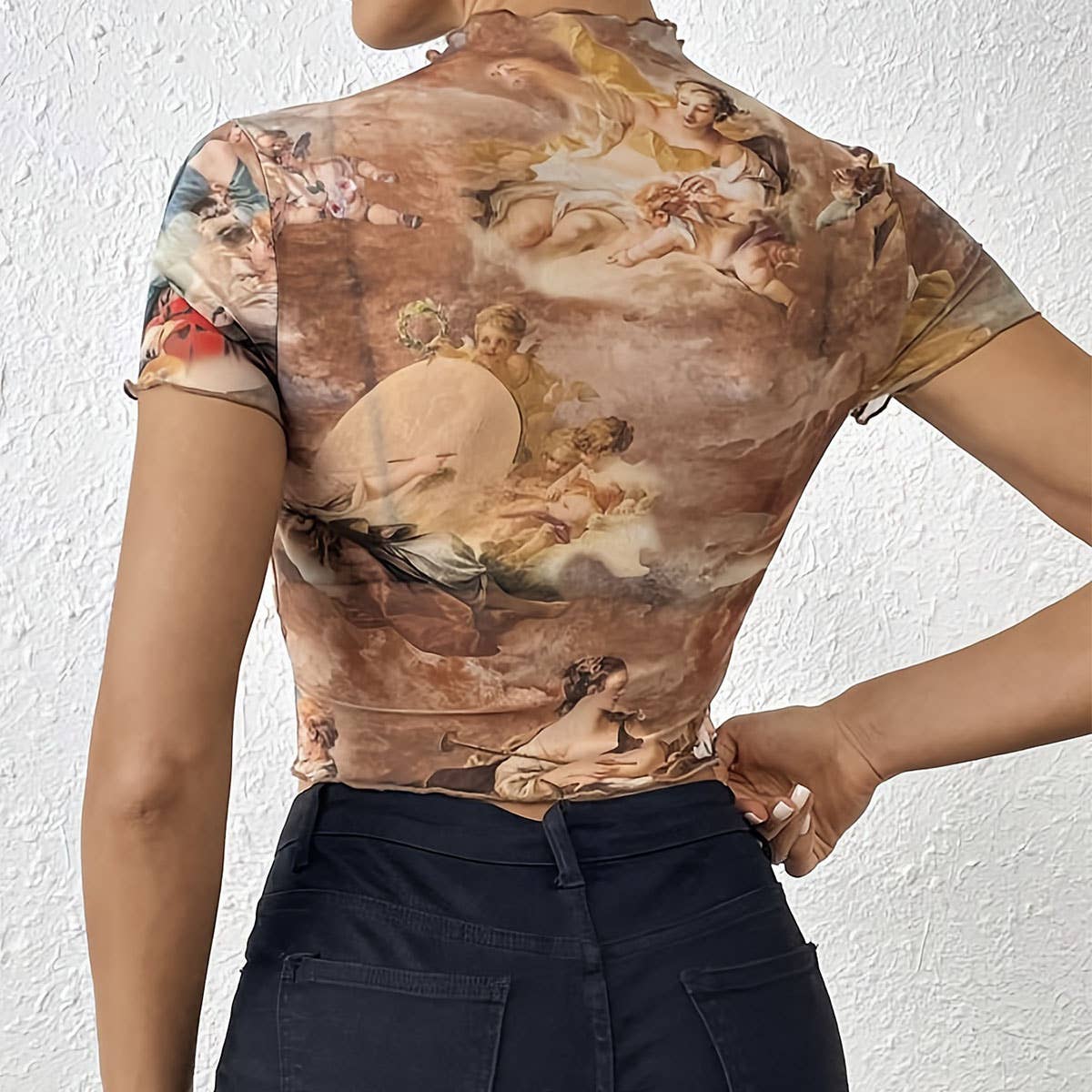 FLORAL PRINT MESH TOP WITH RUFFLE DETAILING_CWTBLS1510