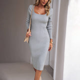 U-Neck Knit Style Slim-Fit Skirt With Hip Wrap