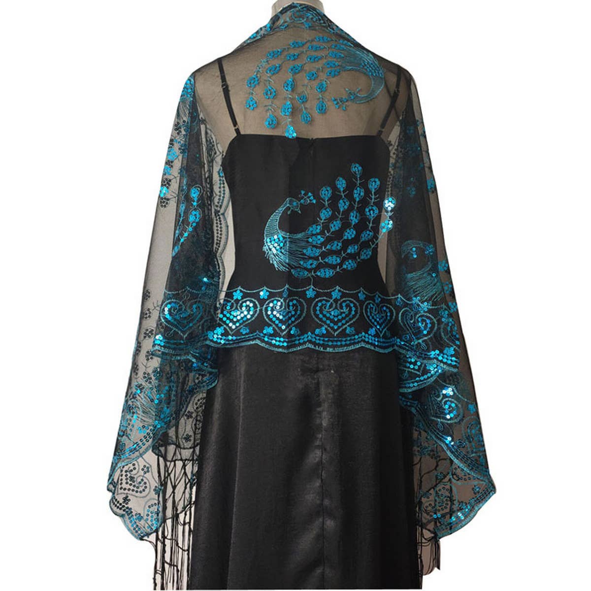 PEACOCK EMBROIDERED SEQUINED TASSEL CAPE_CWASC1077