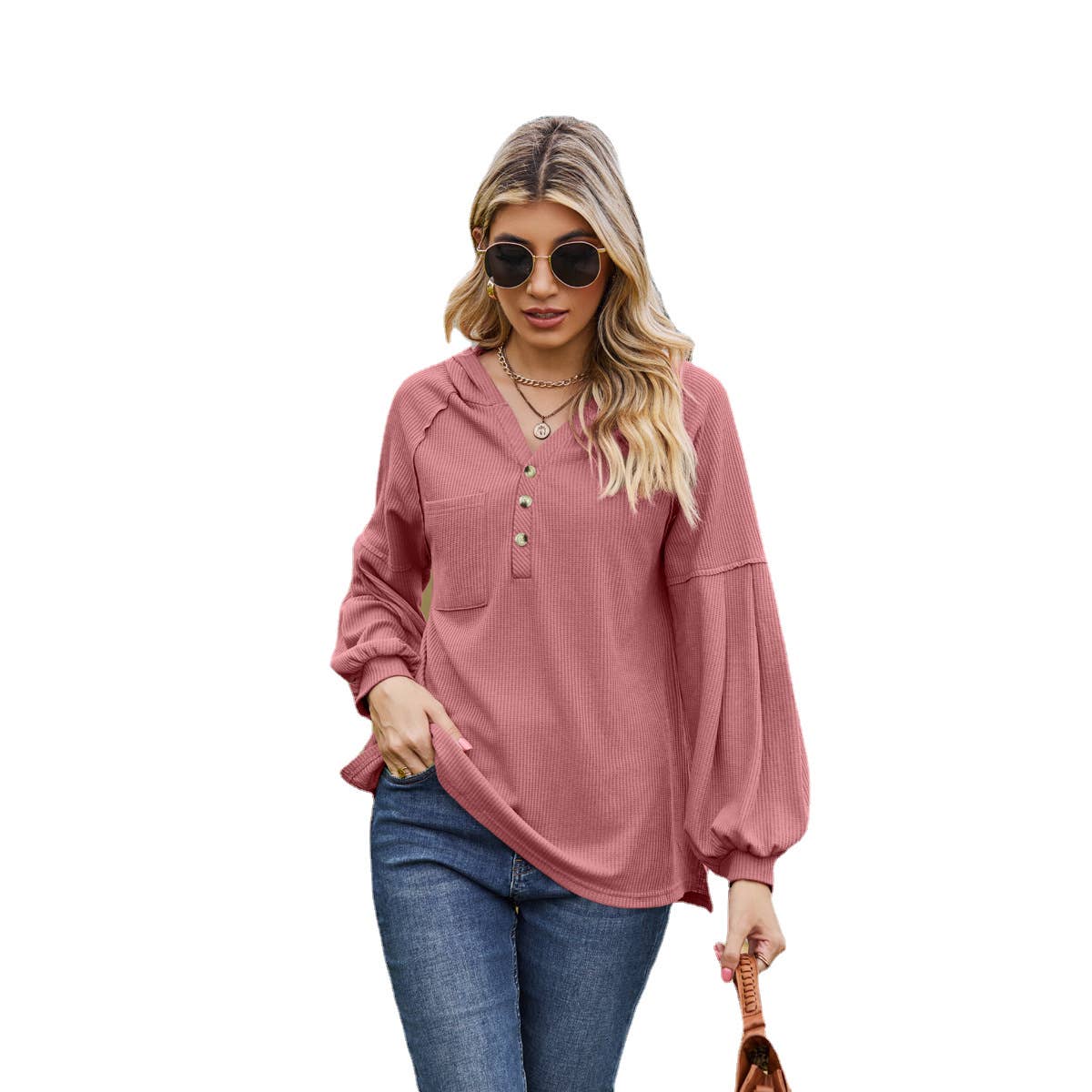 Waffle Hoodie With Hooded Buttons And Long Sleeve