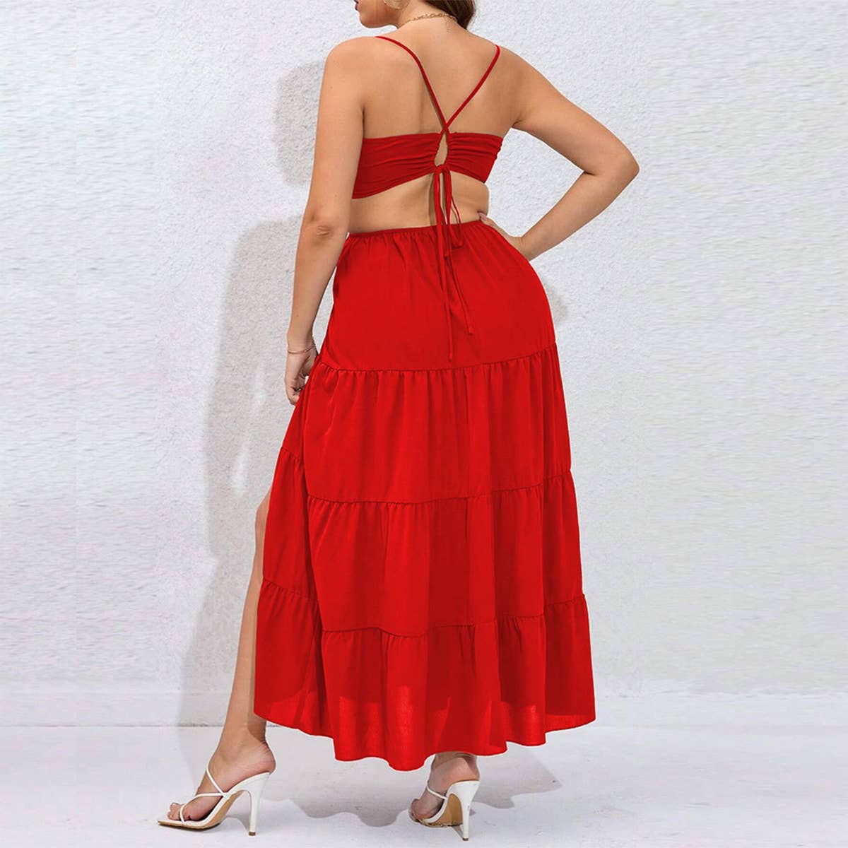 BACKLESS CINCHED WAIST RUFFLE BEACH DRESS_CWDMD6052