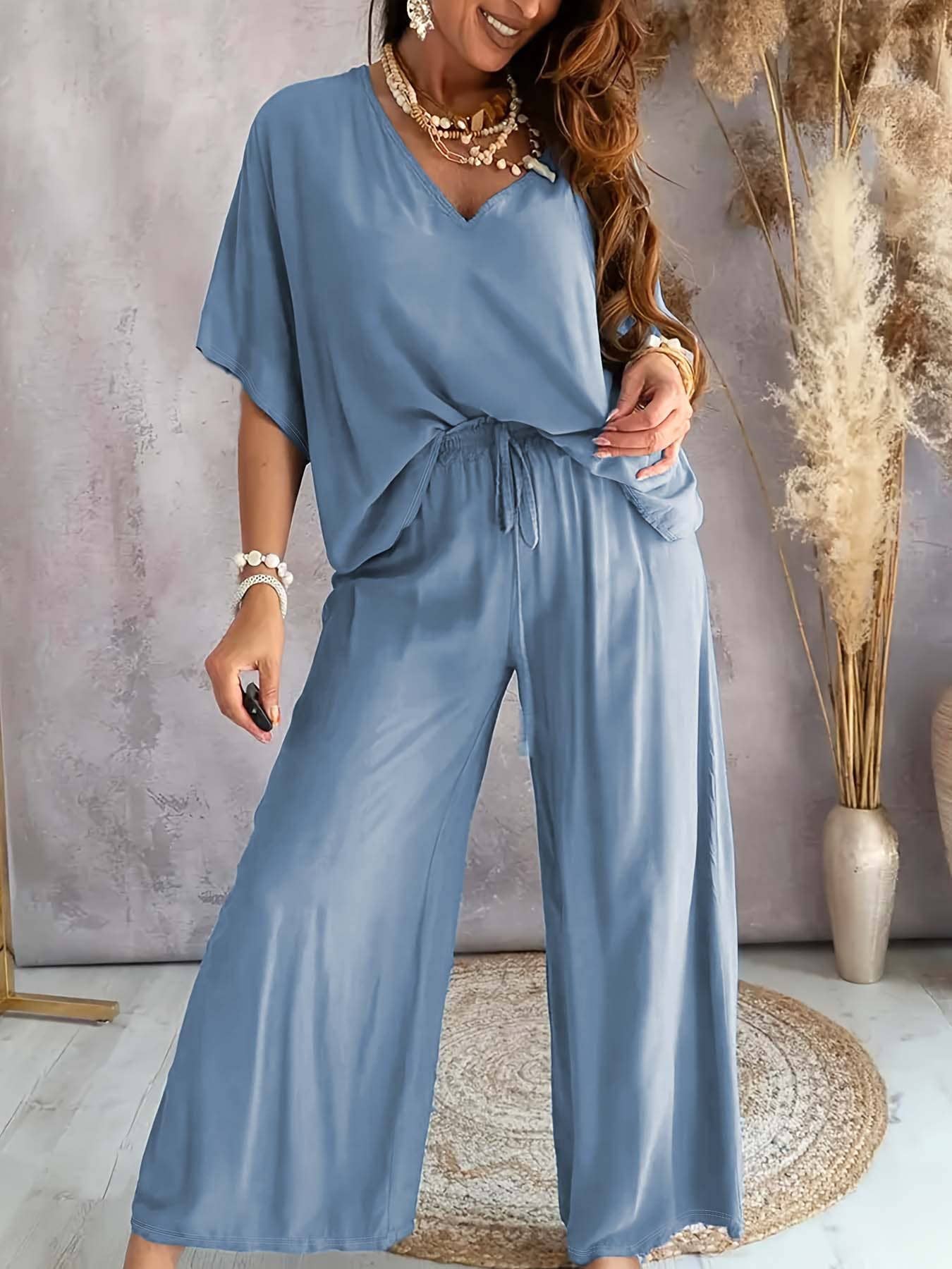 V-Neck Bat-Sleeve Loose Wide-Leg Pants Set