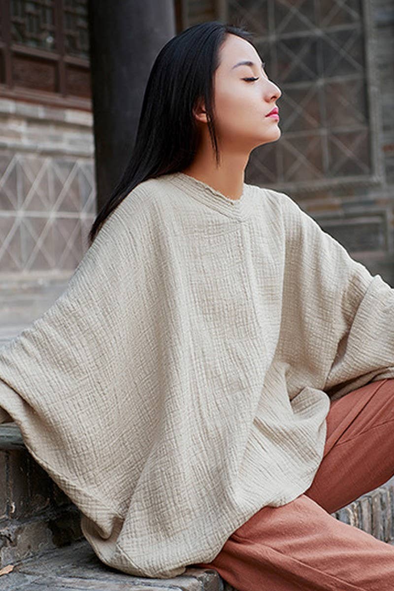 Cwtbll2463_Cotton And Linen Pullover V-Neck Bat T-Shirt