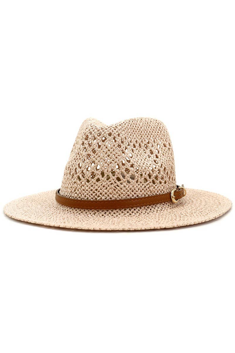 BROWN BELT VENTED WEAVE STRAW HAT_CWAH081