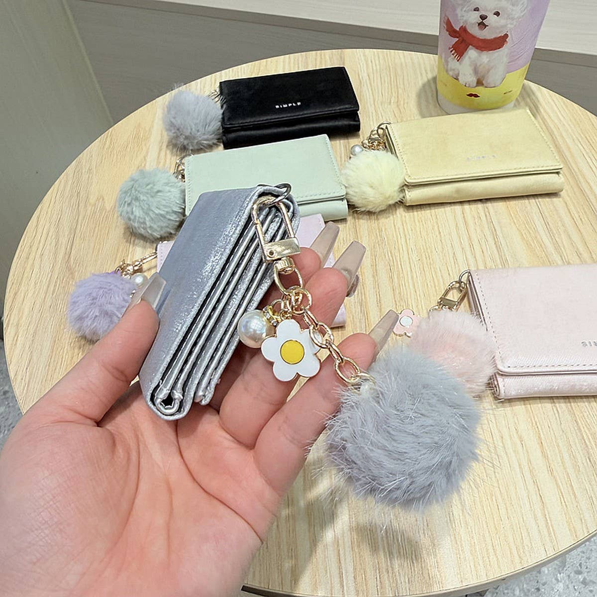 Velvet Mini Trifold Wallet With Pom Pom Charm_Cwab06225