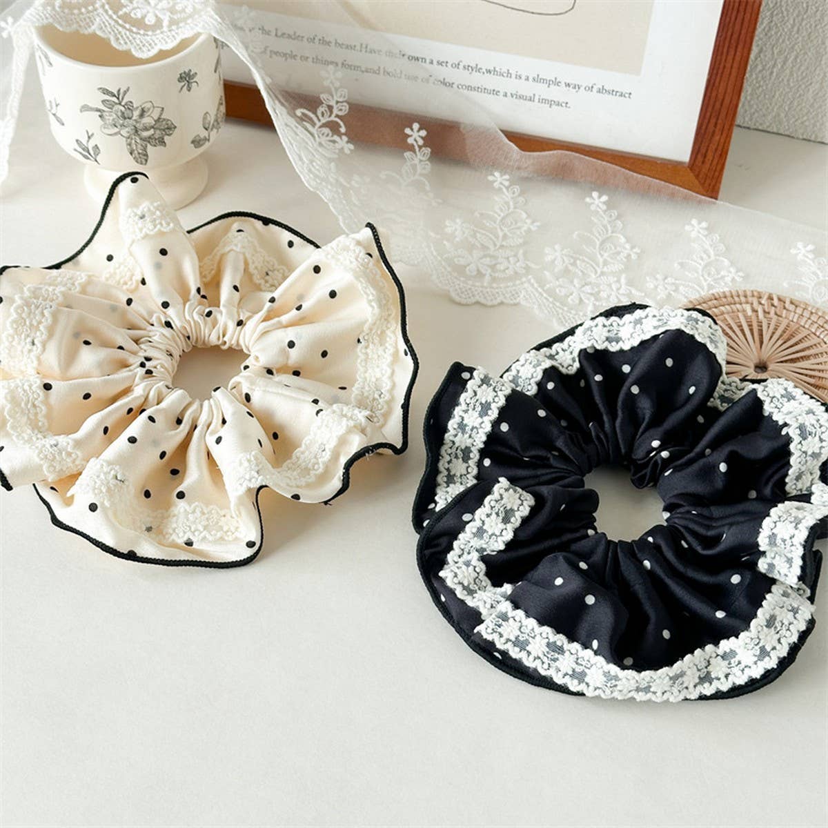 Lace Polka Dot Satin Scrunchie Hair Tie_Cwaha07669