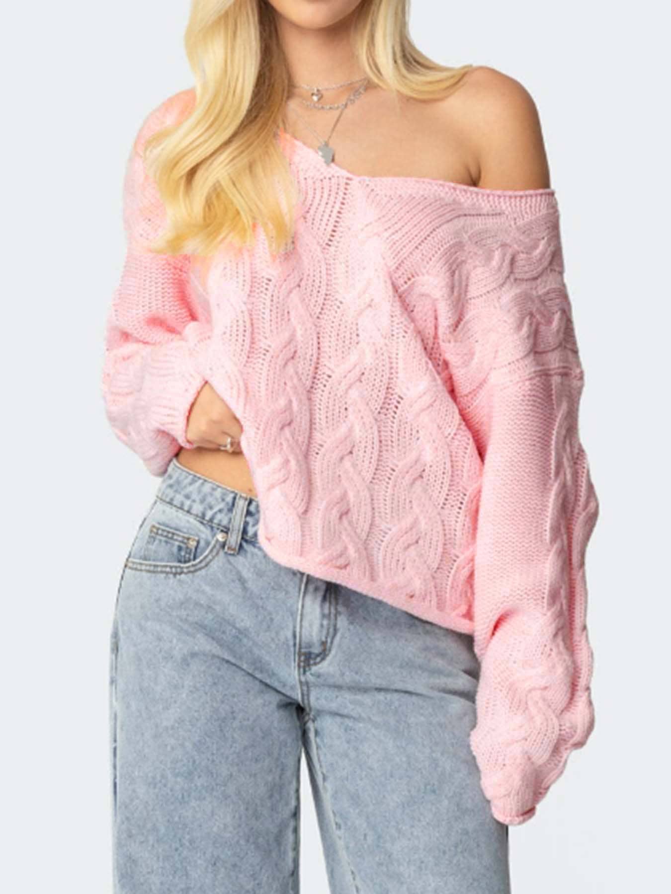 Solid-Color Laid-Back V-Neck Twisted Knit Sweater