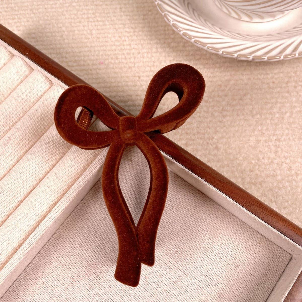 Solid Color Bow Flocking Hair Claw Clip _Cwaha07837