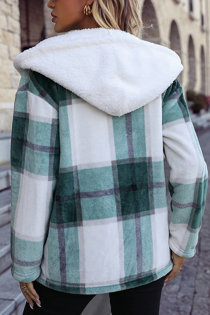 Women Hooded Long Sleeved Plaid Loose Jacket_Cwoco0121