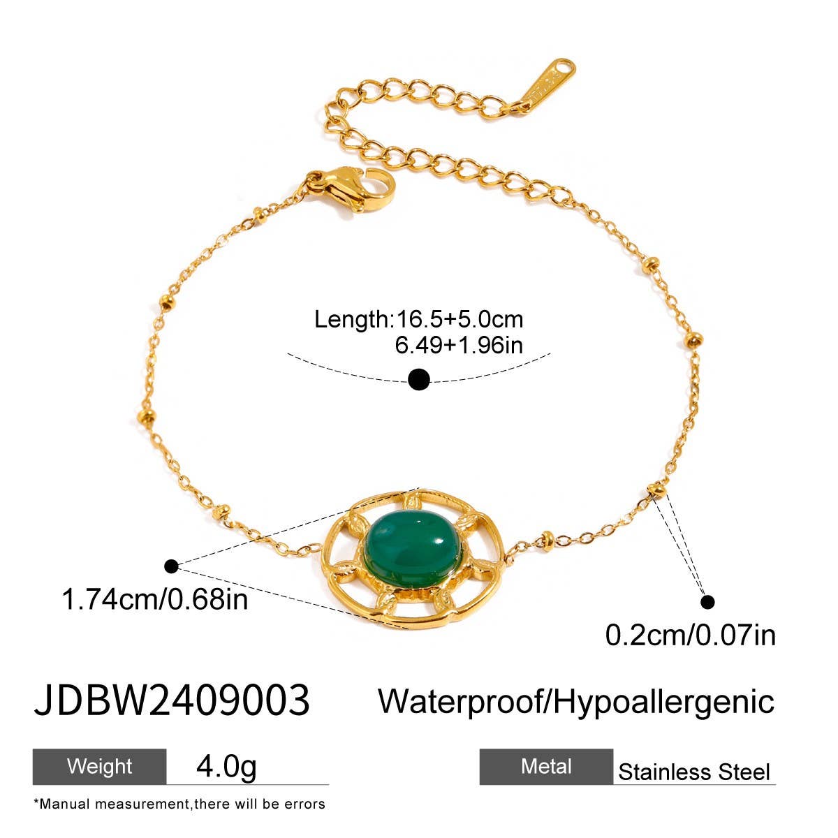 STAINLESS STEEL GREEN AGATE PENDANT BRACELET CHIC_CWAJE4705